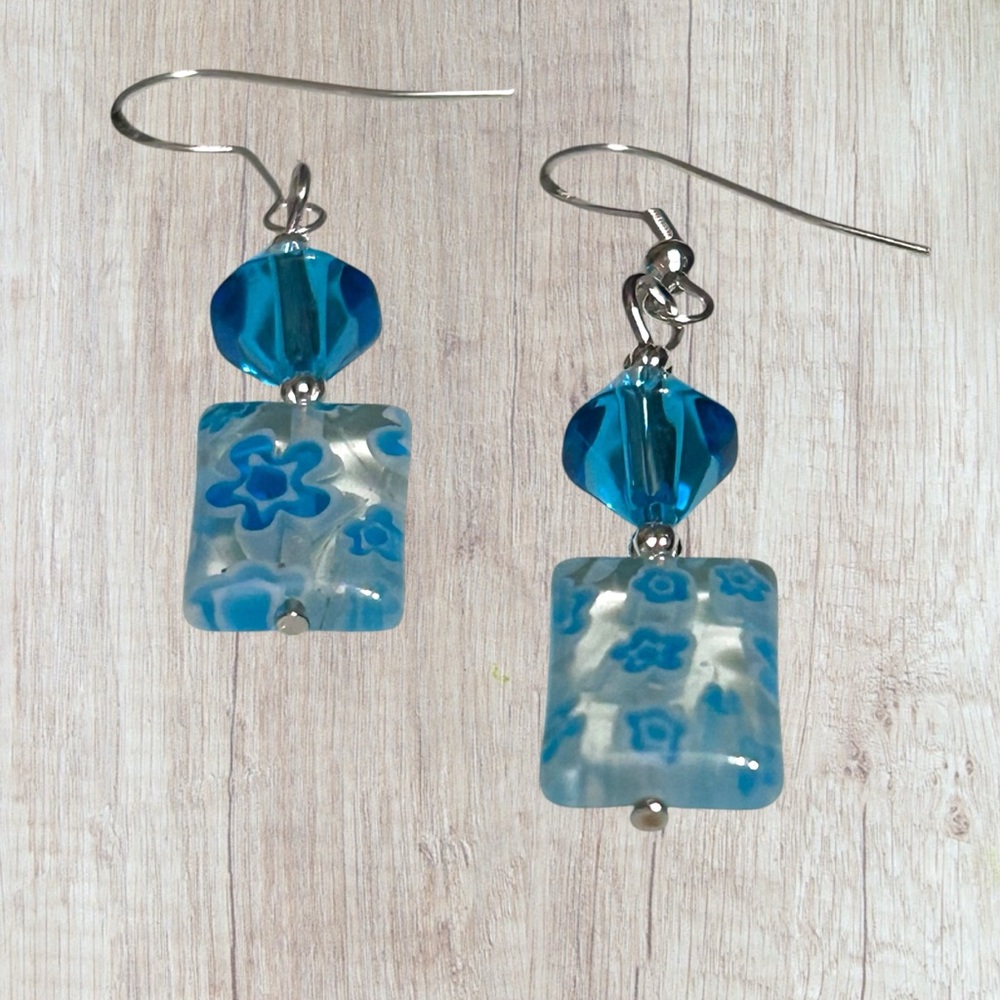 Hand Crafted Glass Flower Earrings Aqua Blue Long Dangle 925 Silver - Picture 2 of 5